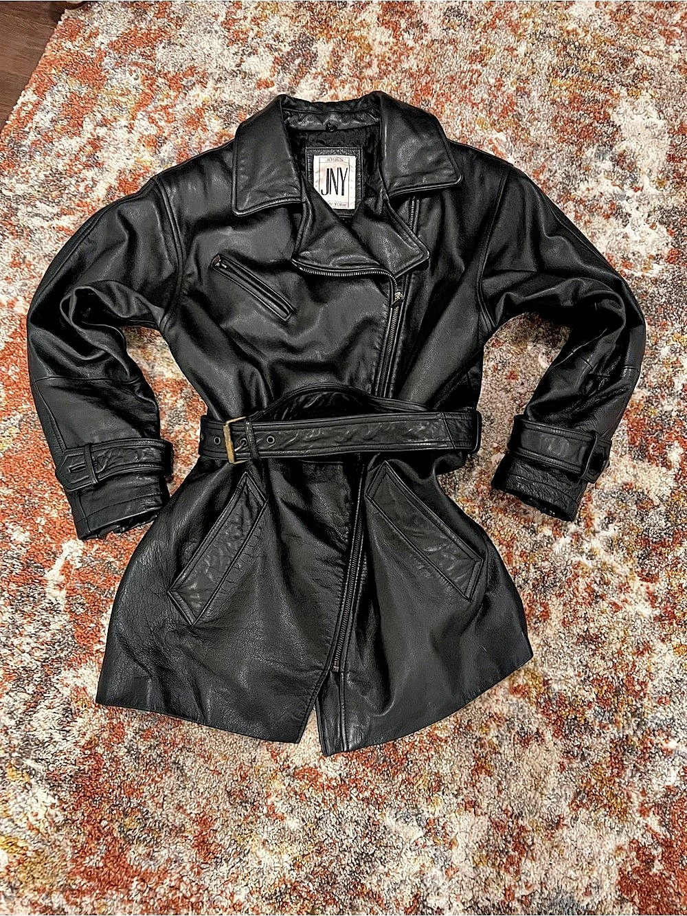 Jones New York Leather belted moto coat Leather Moto Coat Black Small